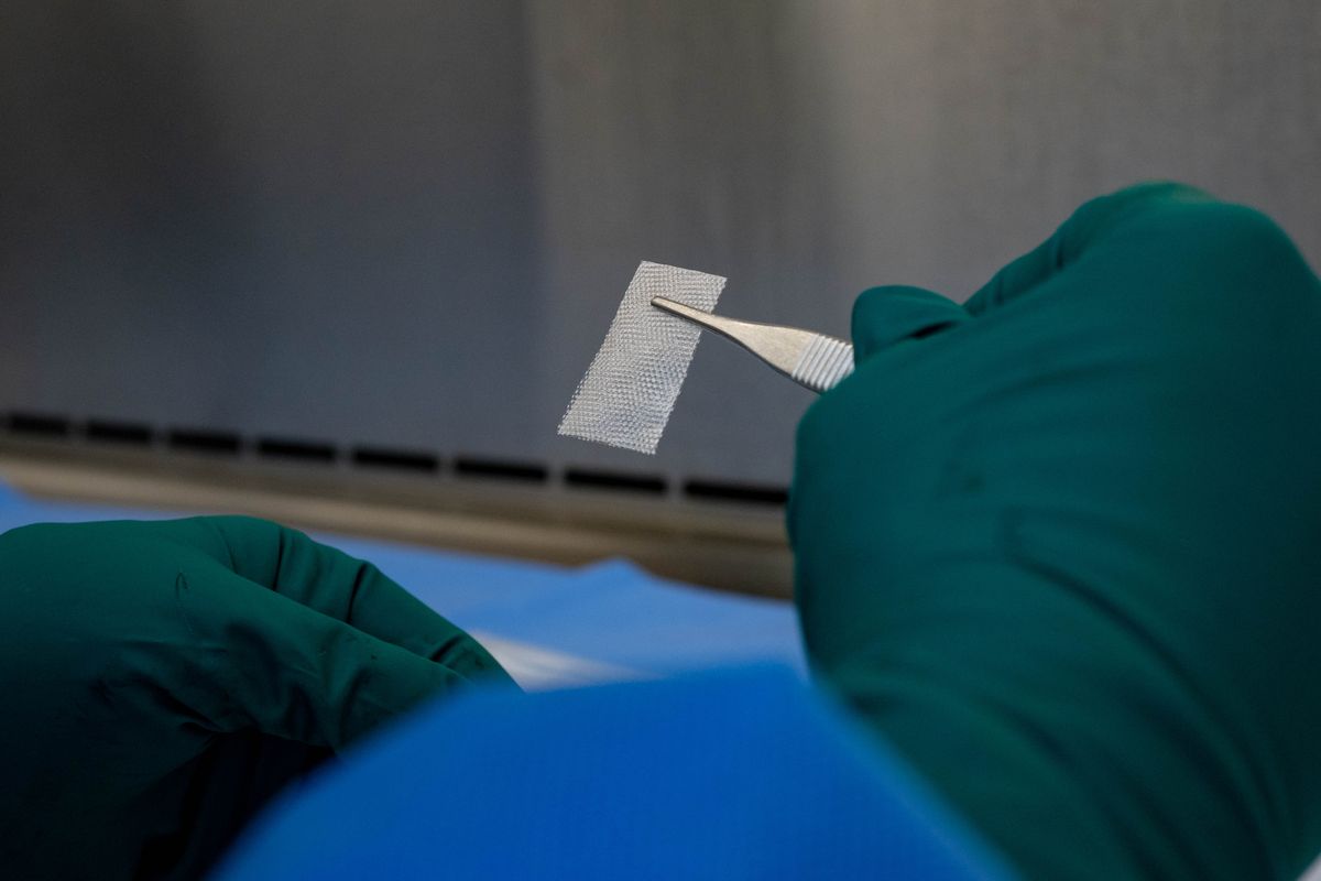 Gloved hands holding a small translucent membrane with forceps