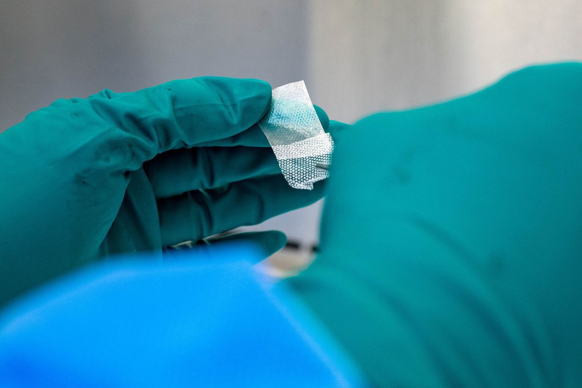 Gloved hands examining a small translucent membrane