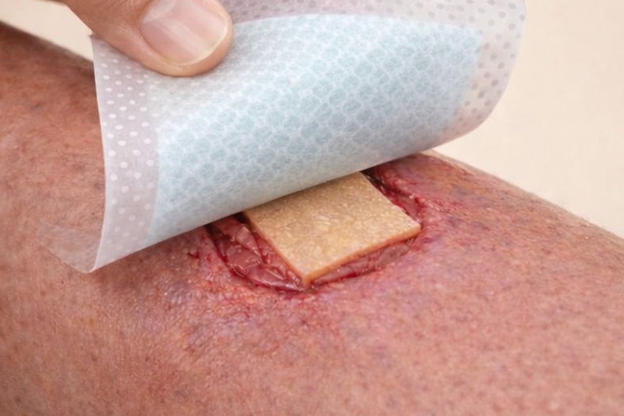 APIS® dressing on a wound with an outer bandage partly covering it