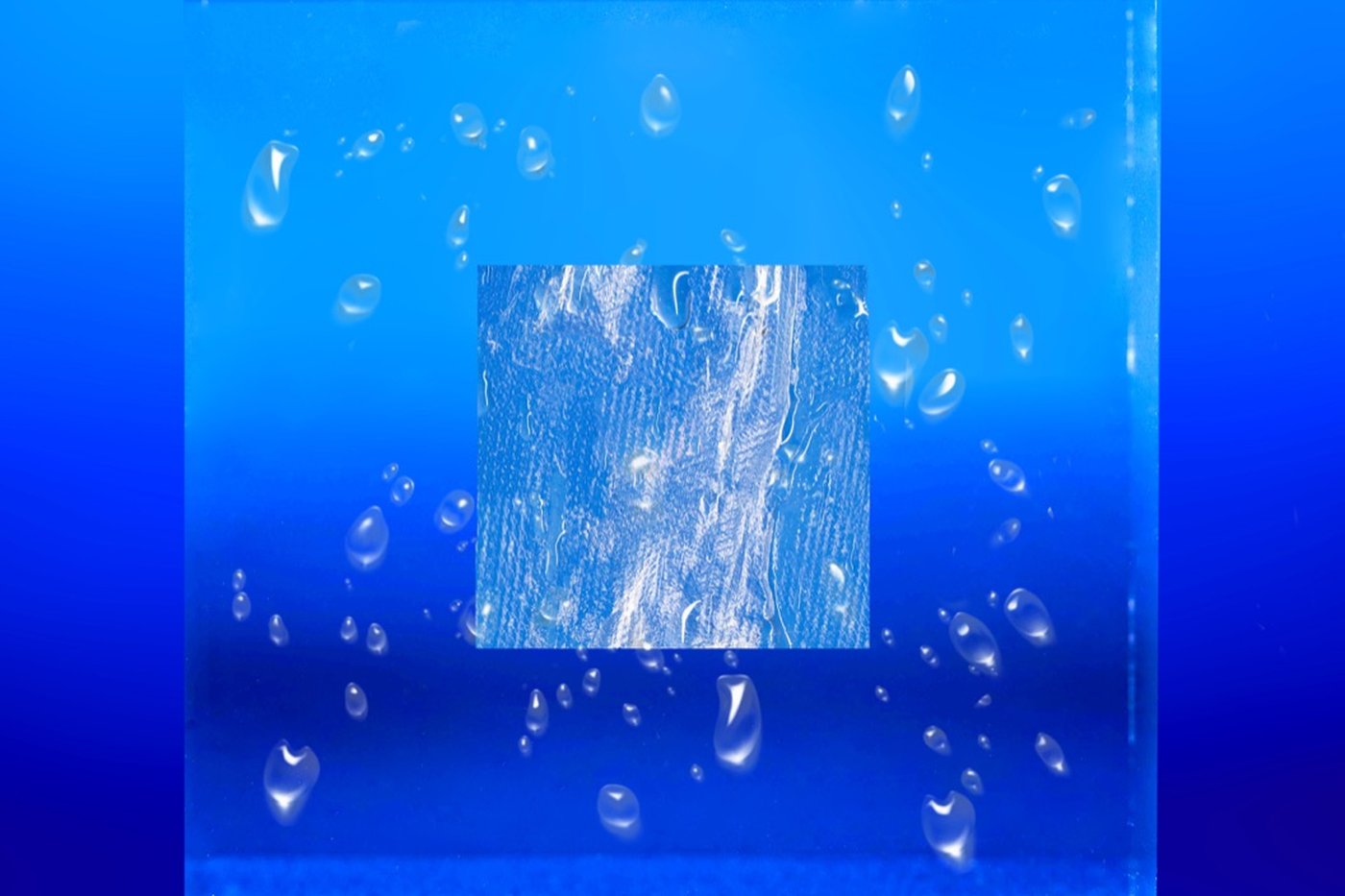 Membrane Wrap - Hydro membrane surrounded by droplets against a blue background