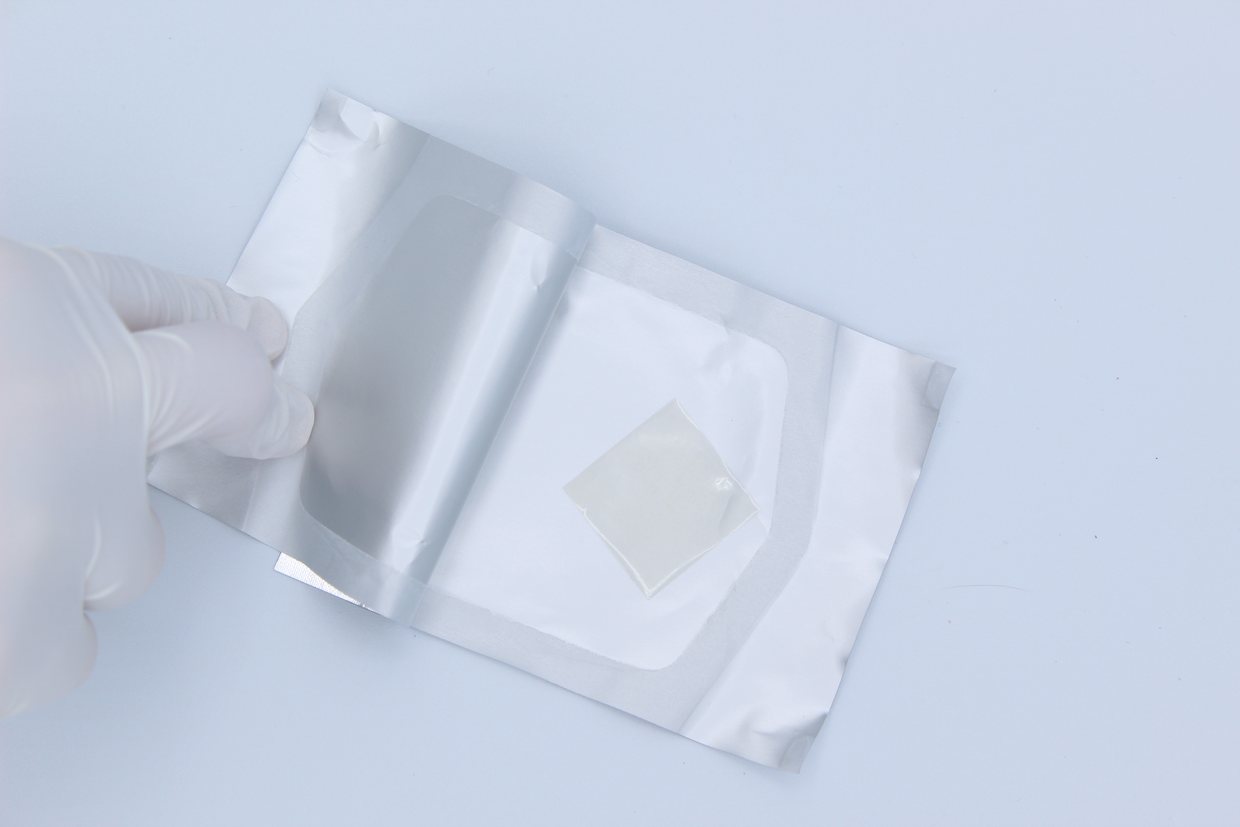 The dressing in its tray, seen through the window